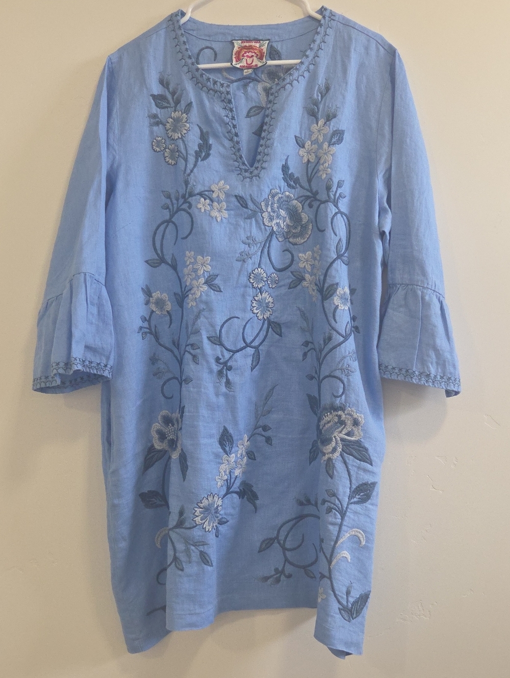 Johnny Was Linen Light Blue Embroidered Long-Sleeve Tunic Dress With Bell Sleeve - Picture 2 of 5